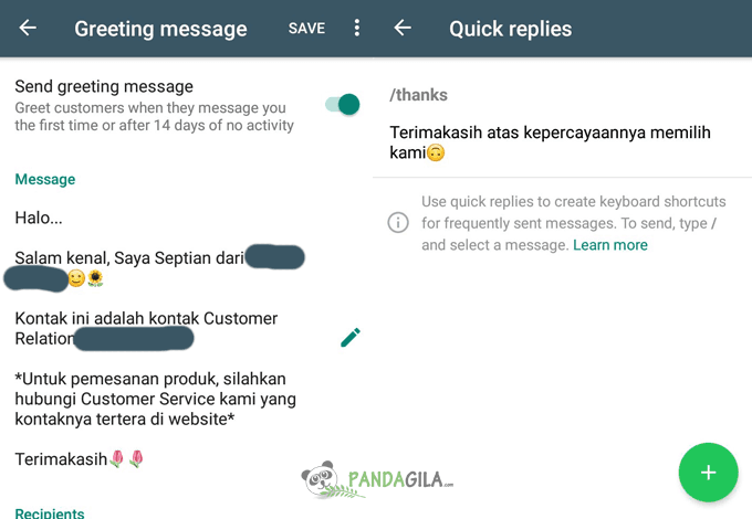 Mengatur pesan away dan balas cepat di WhatsApp Business